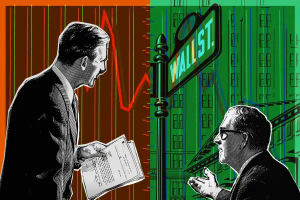 Photo collage illustration of two men looking over stock charts and a wall street sign in the background