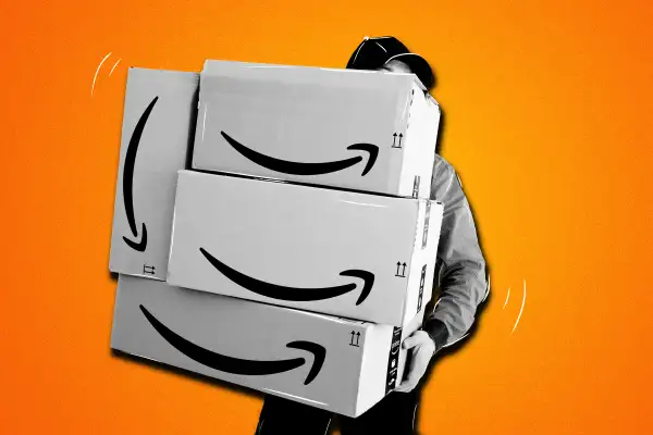 Man holding multiple Amazon Delivery boxes with a colored background