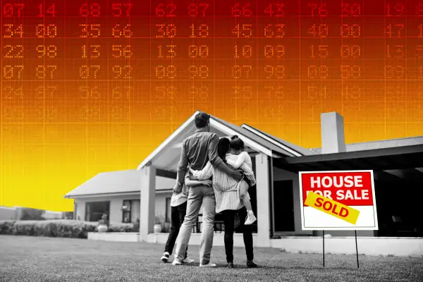 Photo collage of a family of four standing in-front of a house with a sold sign and multiple numbers in the background