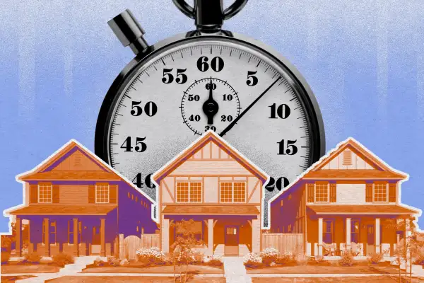 Illustration of a row of houses with a giant stopwatch looming over