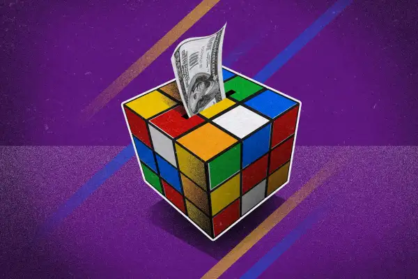 Illustration of a retro 80's rubiks cube piggie bank with money savings inside representing Gen X saving habits