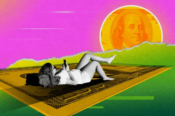 Illustration of a teenager lounging on top of a dollar bill watching the money sunset