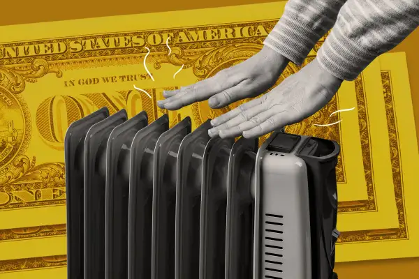 Photo collage of hands over a space heater with one dollar bills in the background