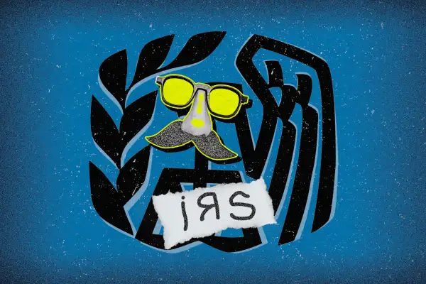 Illustration depicting a fake IRS logo wearing an impostor disguise