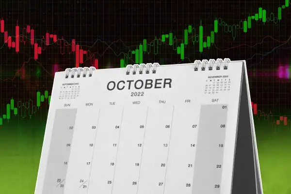 October Calendar With Stocks Market Graphics Behind It