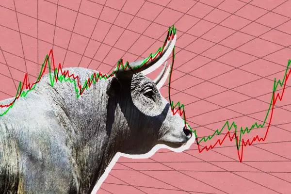 Photo collage illustration of a bull statue and stock market graphs that imitate the bull's shape