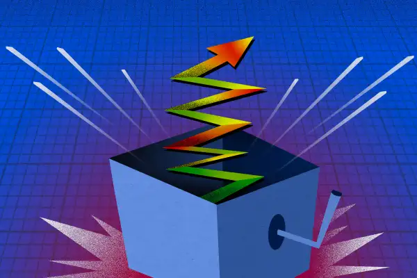 Illustration of a jack-in-the-box with a surprise, volatile stock graph coming out