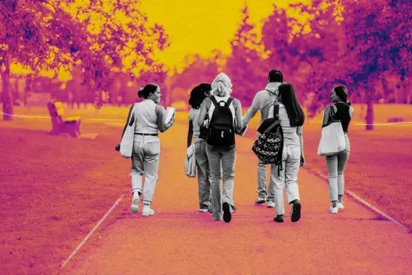 Photo collage illustration of students walking through college campus