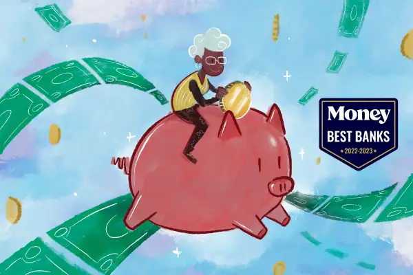 Illustration of a senior woman driving a piggy bank