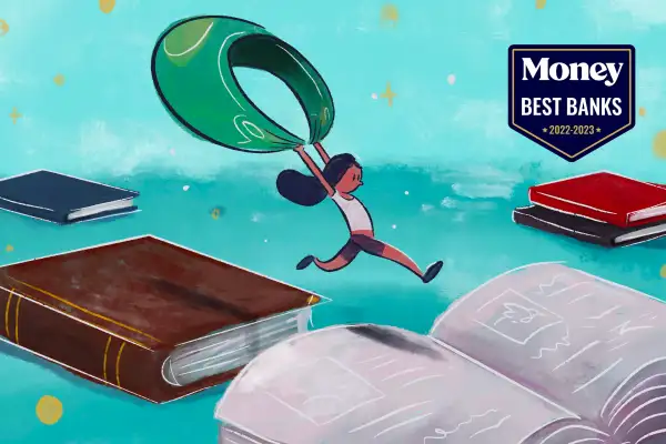 Illustration of a student jumping from book to book using a dollar bill as a parachute