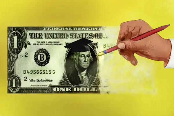 Illustration of a hand erasing a one dollar bill where George Washington is wearing a graduation cap