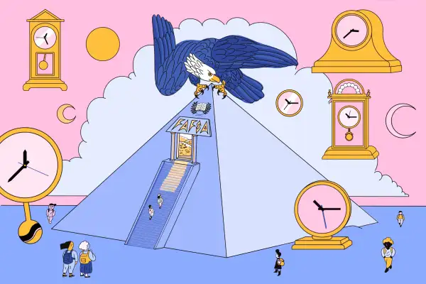 Illustration of students walking up to a pyramid with the words FAFSA and an eagle on the top, surrounded by hour clocks