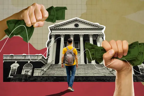 Photo collage of a student walking up to a University building, and two hands holding dollar bills