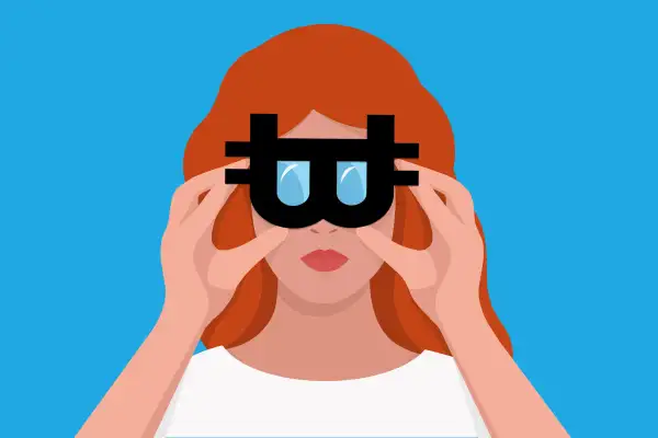 Illustration of a woman holding a Bitcoin shaped binoculars looking ahead