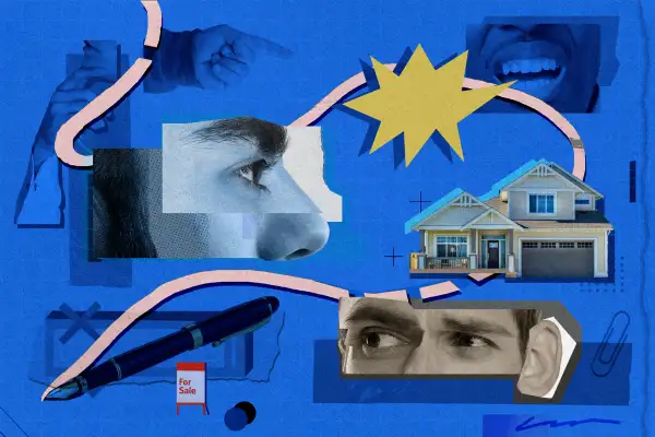 Photo collage of a house with photo cut out of hands a facial expressions with a pen and paper in the background.