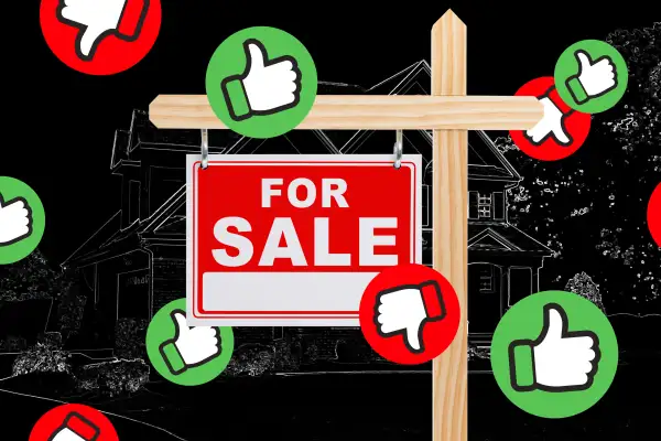 Photo collage of a  For Sale  sign with multiple icons of a thumbs up and a thumbs down with an outline of a house in the background