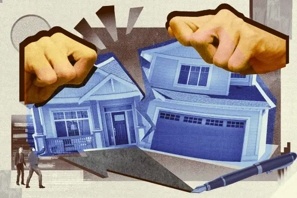 Photo collage of two hands ripping apart an image of a house