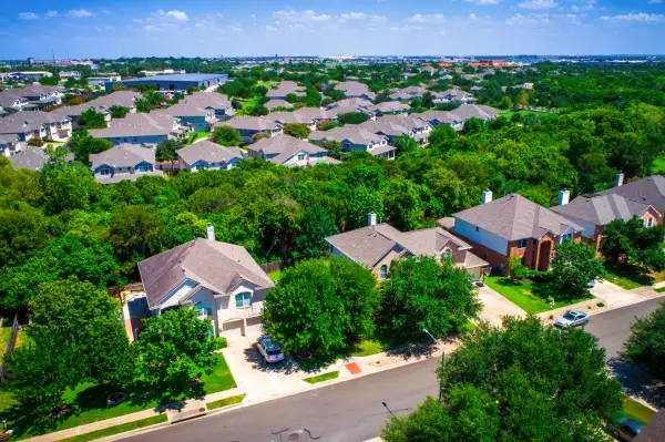 Aerial View Above Austin Texas Suburb Summer Homes