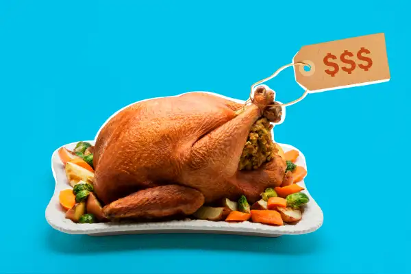Photo collage of a cooked Thanksgiving Turkey with a Price Tag with three Dollar Signs