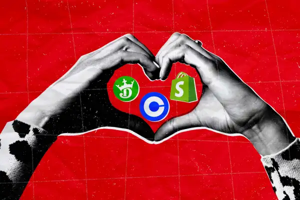 Hands forming a heart and inside are the icons of 3 popular stocks for Gen Z, Coinbase, DraftKings and Shopify