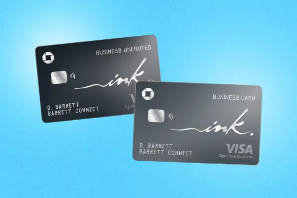 Chase Ink Business Unlimited and Chase Ink Business Cash credit cards with a colored background