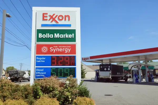 A general view of a Exxon gas station on September 15, 2022 in Farmingdale, New York