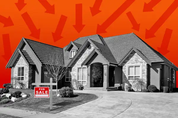 Photo illustration of a house with a for sale sign and downward arrows in the background