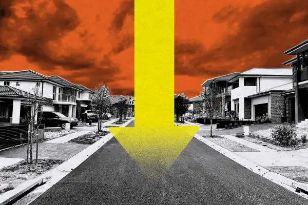 Photo illustration of suburban neighborhood homes with a huge arrow pointing down, signifying price drops that must happen