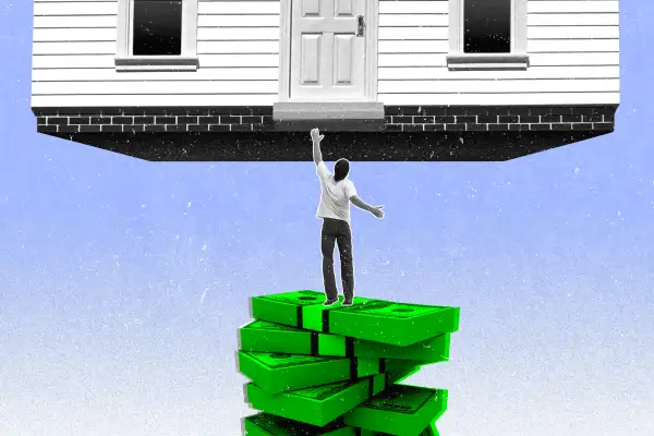 Photo collage illustration of a person on top of a stack of dollars trying to reach a house that is too high above their reach.