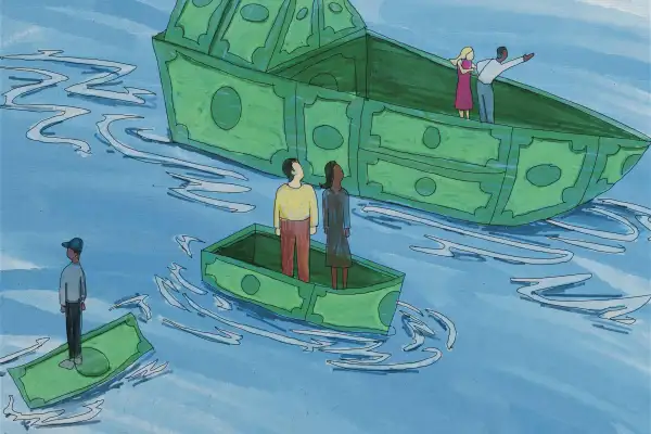 Three boats, all made out of dollar bills, one large with two people, one medium with two people and one person standing on a dollar bill