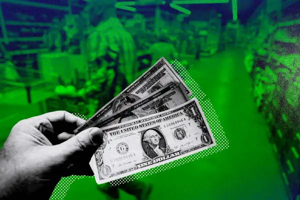 Photo illustration of a person holding up cash to pay at a grocery store