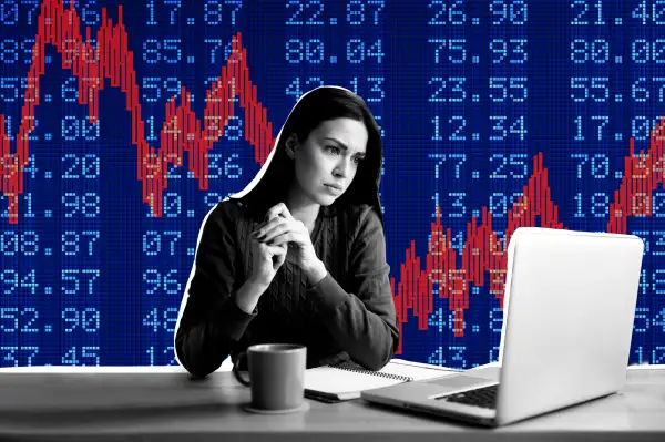 Photo collage of a concerned woman looking at her laptop with a negative stock market chart in the background