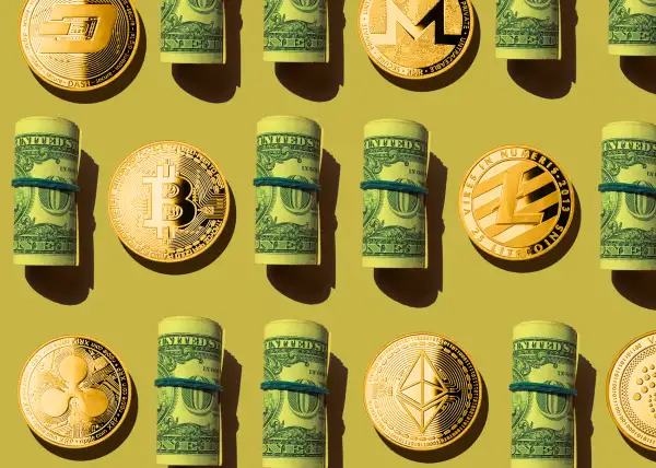 Photo Collage of multiple rolls of one dollar bills next to cryptocurrency coins