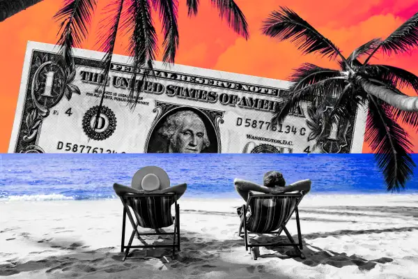 Photo collage of a couple in beach chairs looking at a surreal sunset with a dollar bill sinking under the water