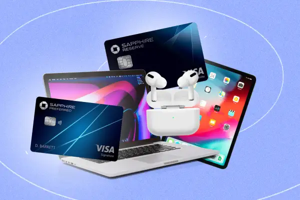 Photo Collage of a macbook laptop, apple AirPods and and iPad with The Chase Sapphire Preferred and Reserve Credit Card