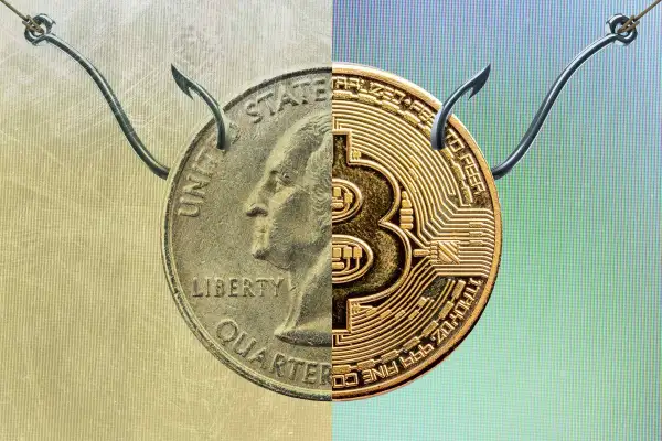 Split Screen Of A Quarter On A Fish Hook On The Left And A Bitcoin That Is Also On A Fish Hook On The Right