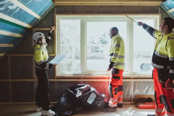 Building contractor examining window with construction worker at site