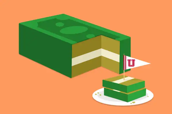 Illustration of a money shaped cake with a piece cut out and served on a plate with a University Flag