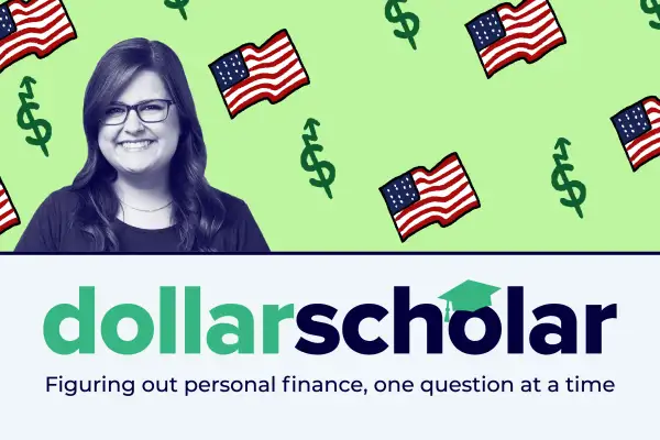 Dollar Scholar banner featuring USA flags and a rising debt icon