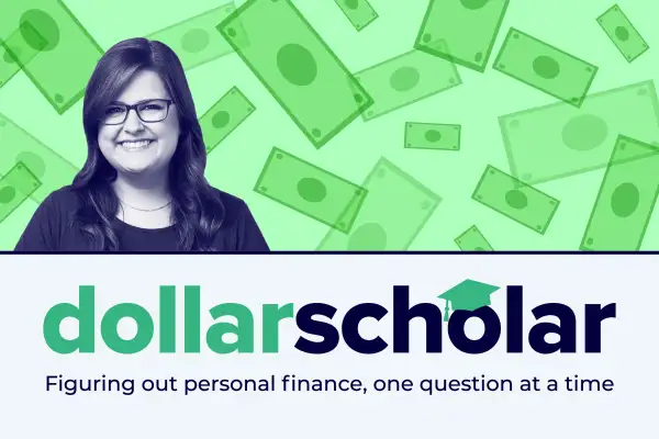 Dollar Scholar banner featuring lots of transparent dollar bills