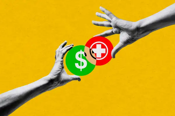 Photo collage of two hands joining icons signifying saving on health insurance