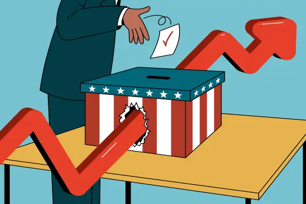 Illustration of a person dropping a ballot into a voting box that has a stock arrow breaking through it