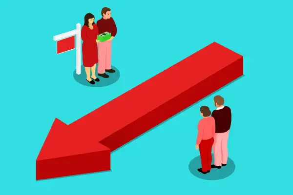 Illustration of A loose '%' symbol formed by a downward arrow. On one side the seller offering money for buydown, and the other side the buyers