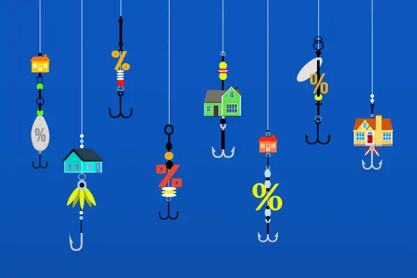 Illustration of multiple fishing hooks with small house icons and percentage signs