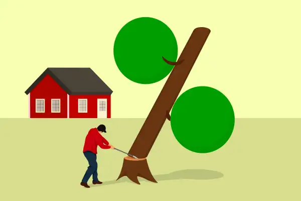 Illustration of a man chopping down a tree in the shape of a  %  sign, located in-front of a house