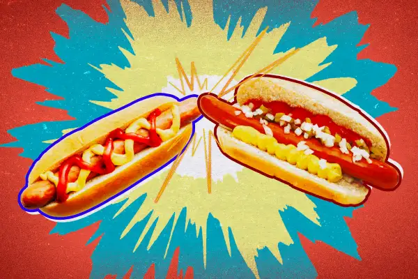 Photo Illustration of 2 hot dogs clashing in a battle