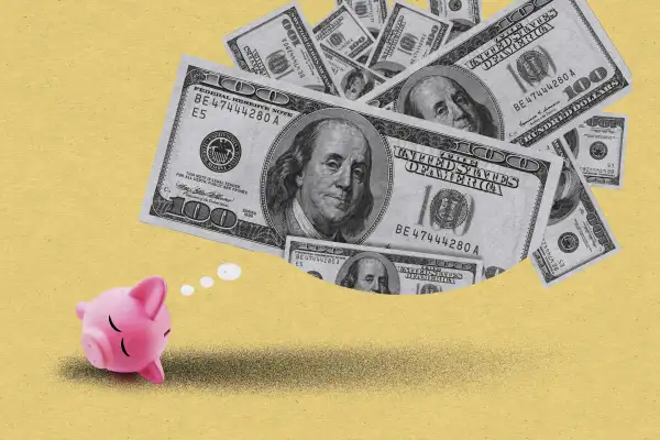 Illustration of a small piggy bank dreaming of big dollar bills