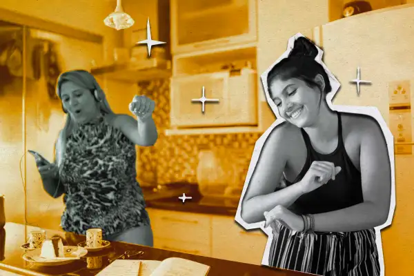 Photo illustration of a mother dancing with her optimistic Gen Z daughter