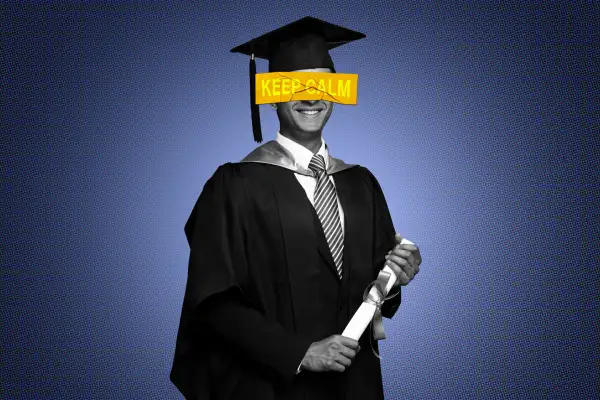 Photo collage of a college graduate in cap and gown holding a diploma with a sticker on his face that says  Keep Calm