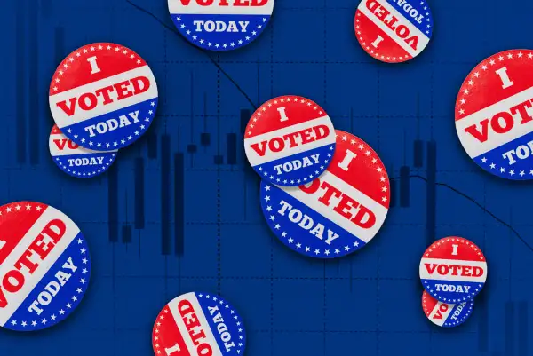 Photo Illustration of multiple  I Voted Today  stickers over a stock market chart